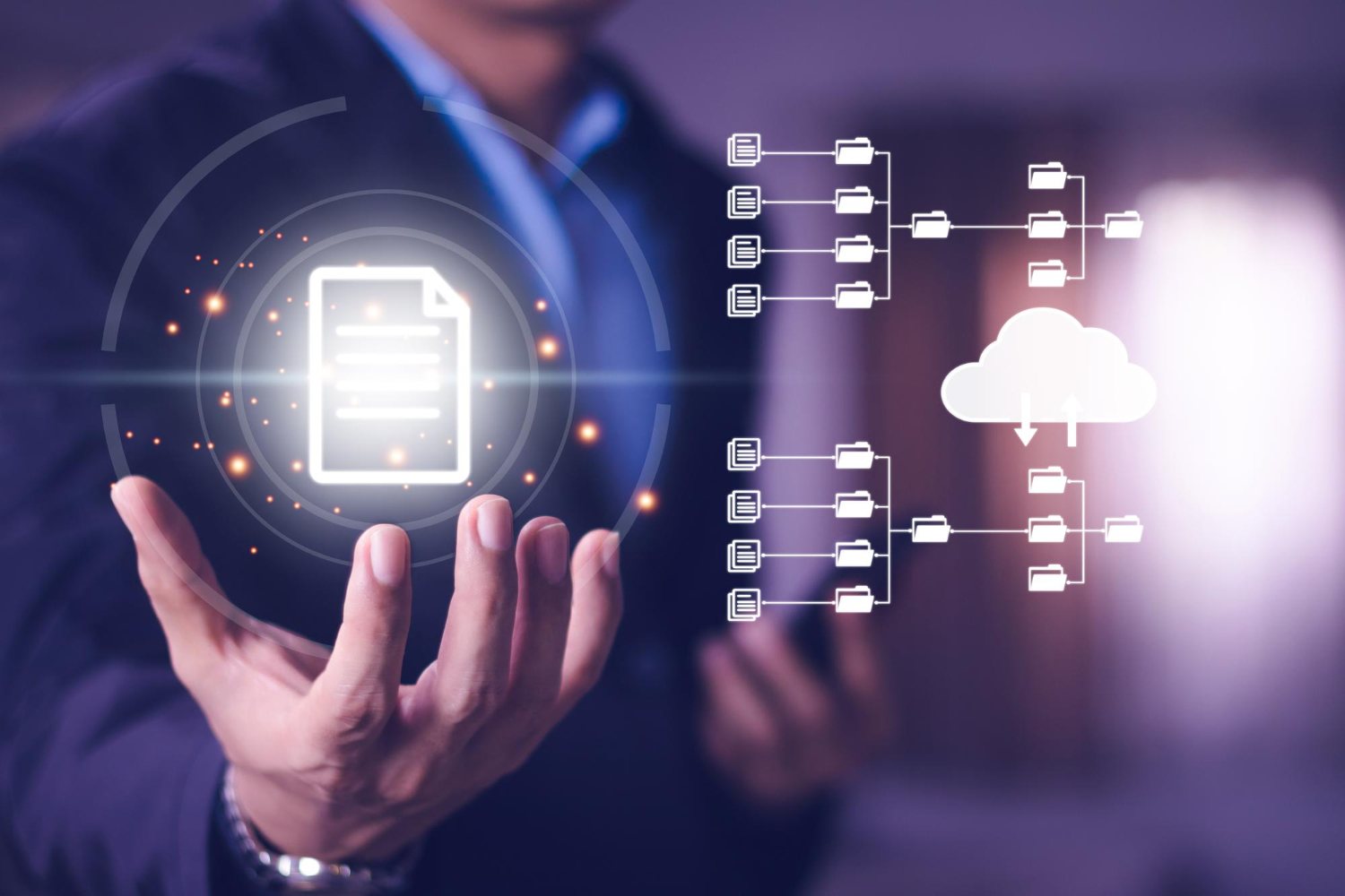 Clouds interconnected with various devices, representing cloud computing technology