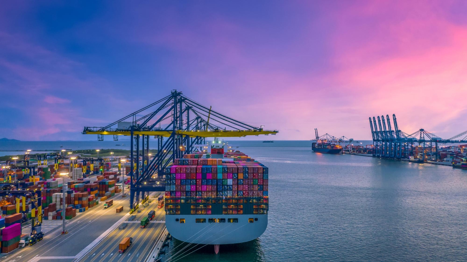 Container ship unloading in deep sea port global business